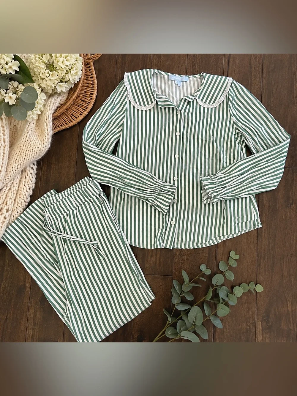 Hill House Green Stripe Cotton Pajama Set XS Peter Pan Collar 2-Piece Sleepwear